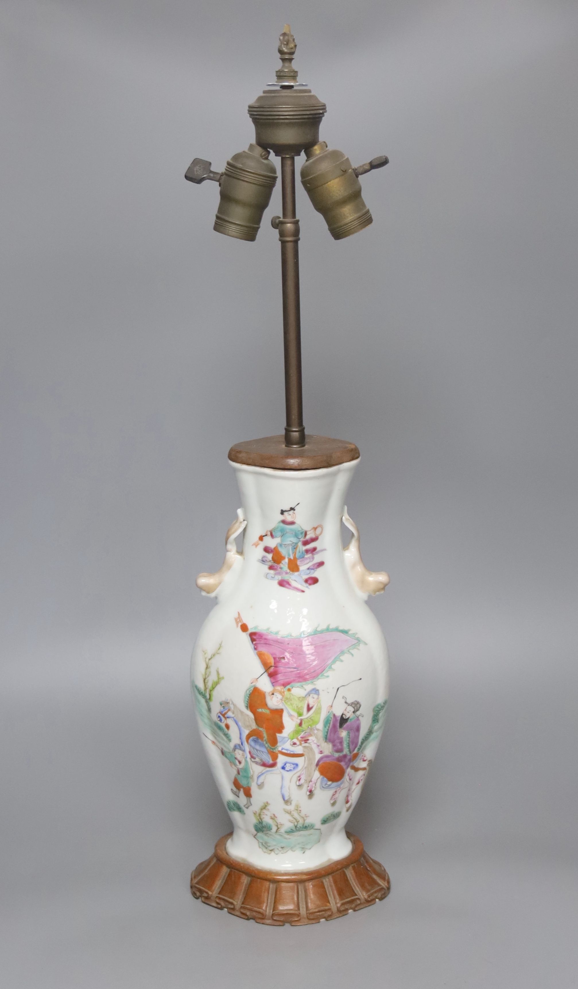 A Chinese famille rose converted lamp, late Qing, overall height 66cm